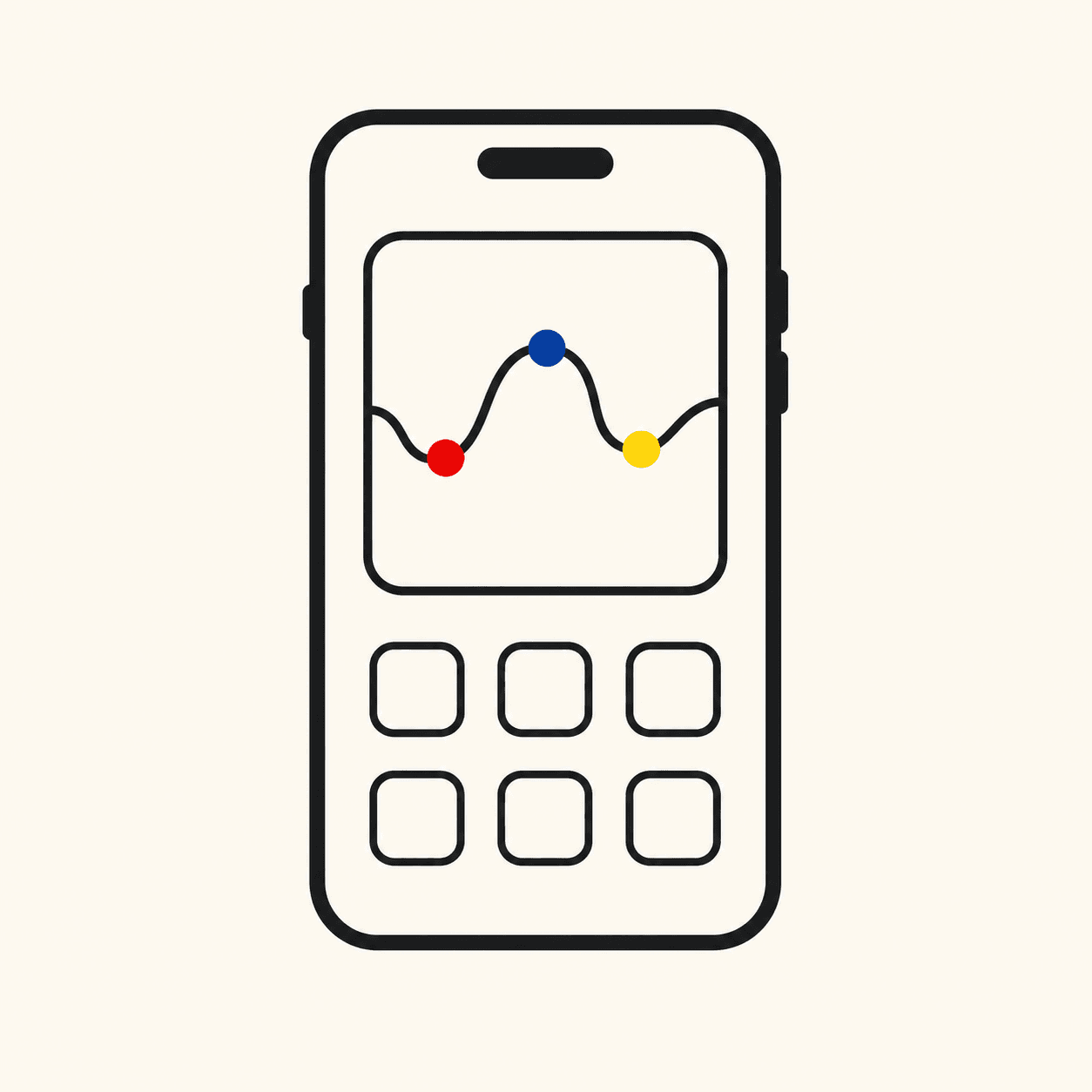 A phone with a home-screen widget showing a squiggly line and three colored dots
